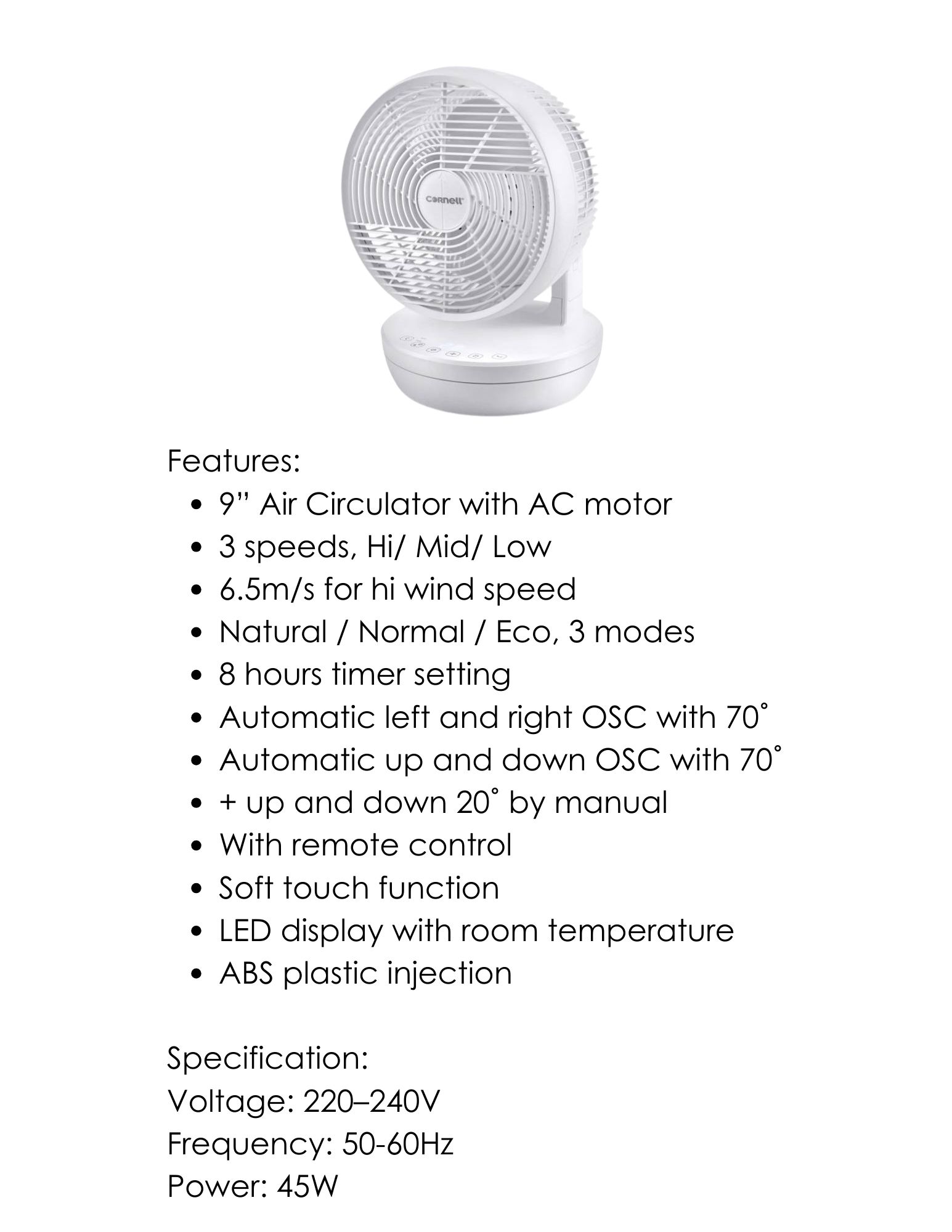 Cornell 9-inch air circulator fan with AC motor and remote