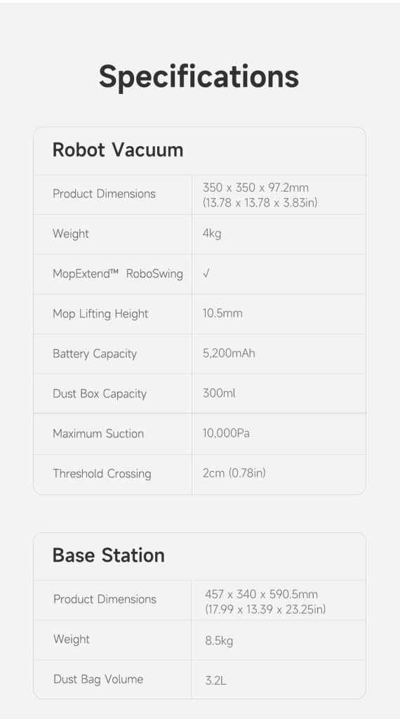 L10s Ultra Gen 2 product specifications for robot vacuum.