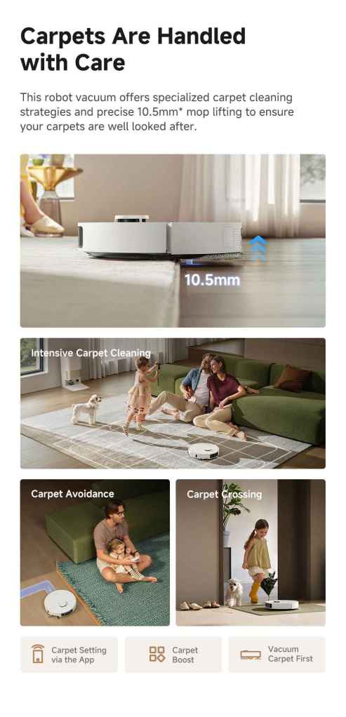 Carpet cleaning with 10.5mm mop lift for careful handling.