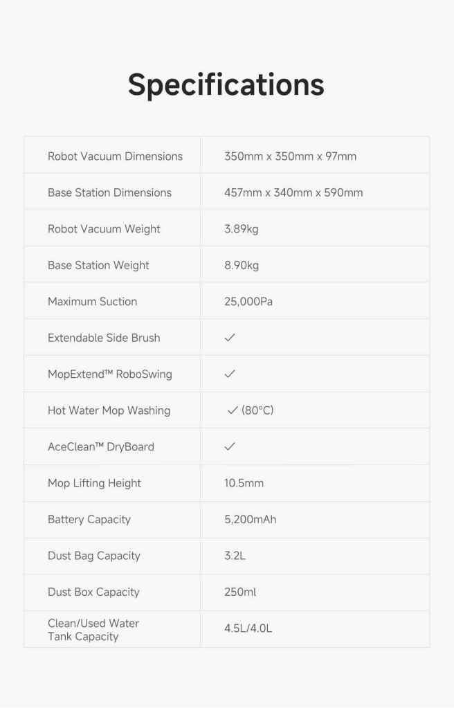 Robot and base station specifications with detailed data.