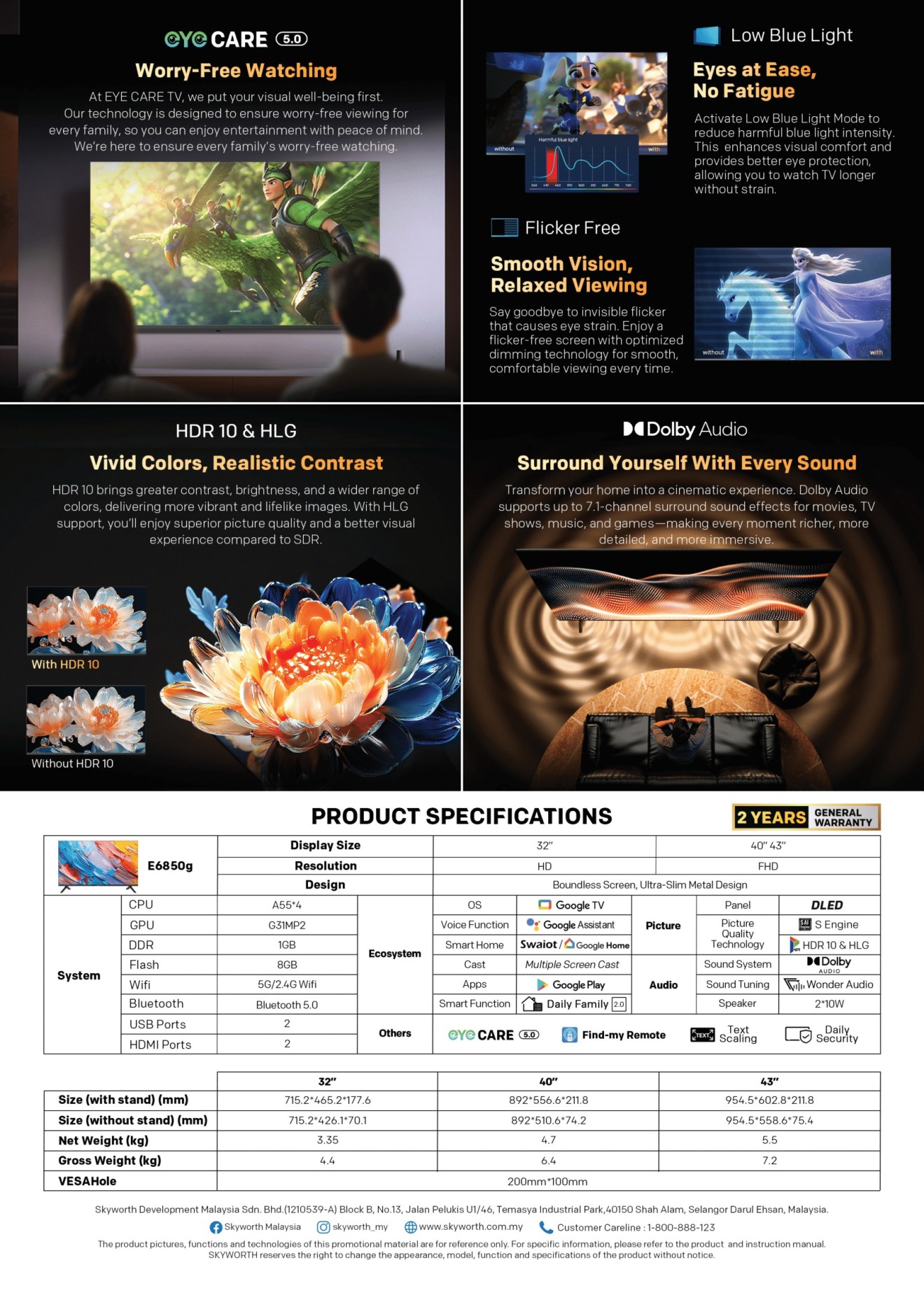 SKYWORTH E6850G Google TV features and specifications