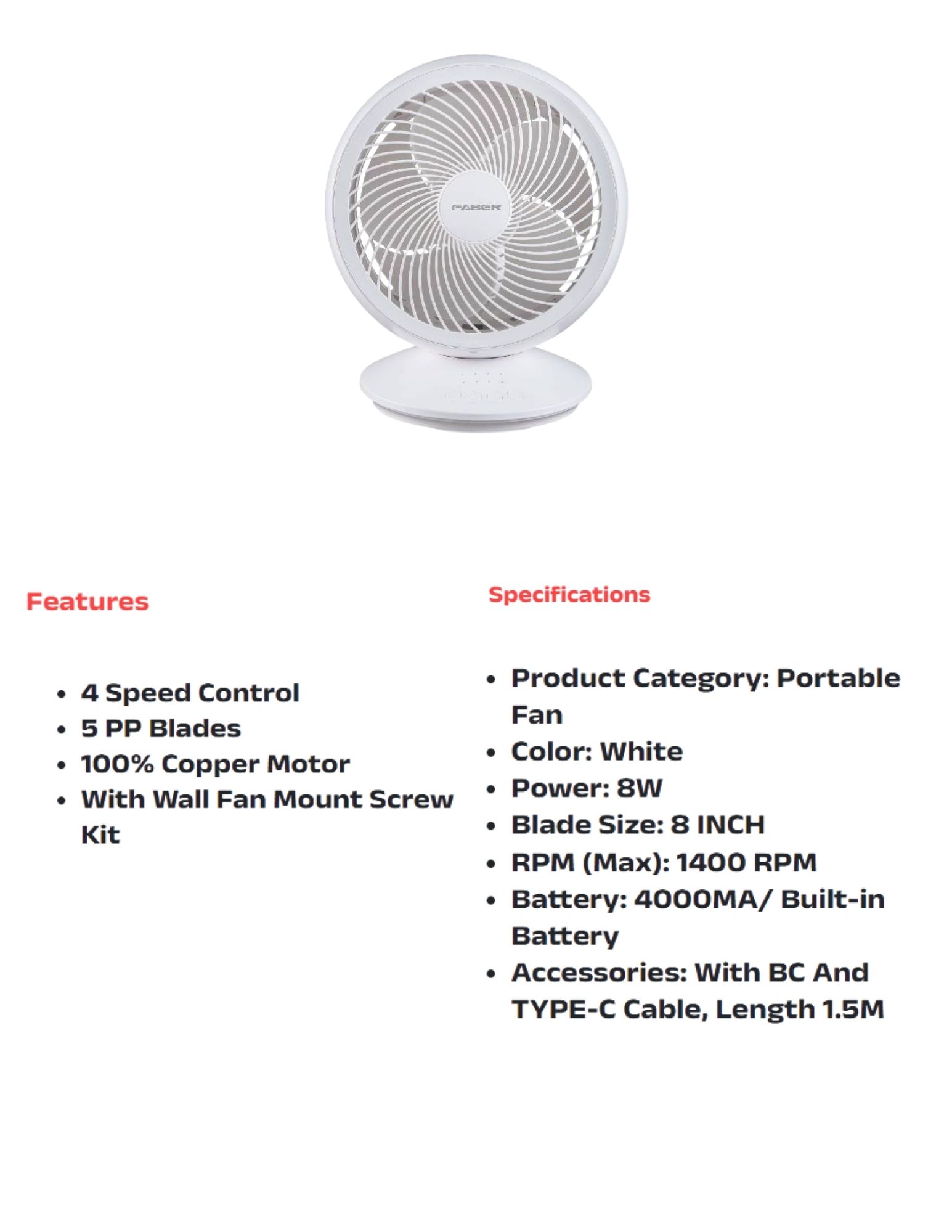 Faber 4-speed fan with copper motor and wall mount