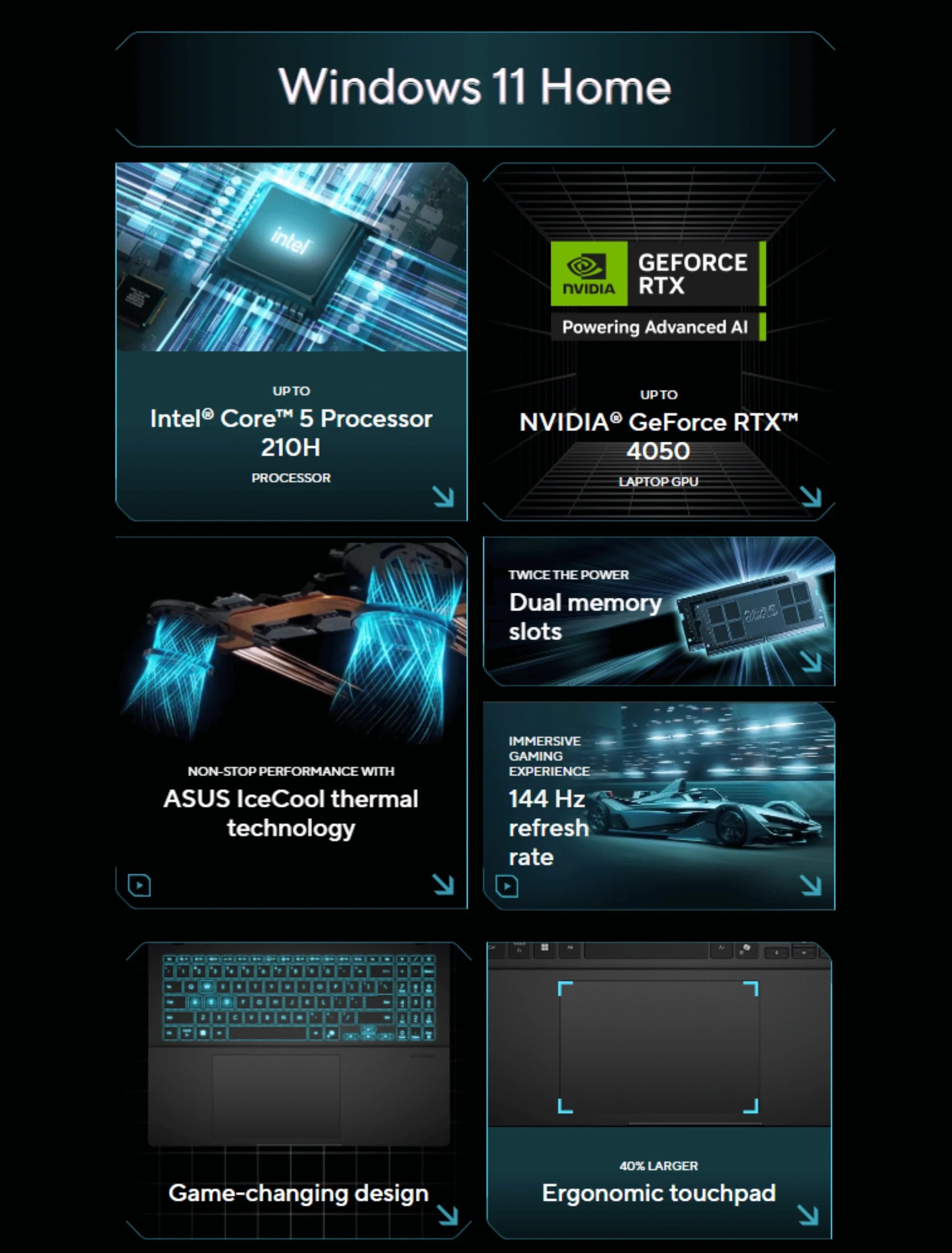 ASUS Gaming V16 featuring Windows 11 Home with the latest Intel Core i5 Processor, NVIDIA GeForce RTX 4050, and ASUS IceCool thermal technology. Includes high refresh rate and ergonomic design for smooth gaming and creativity.