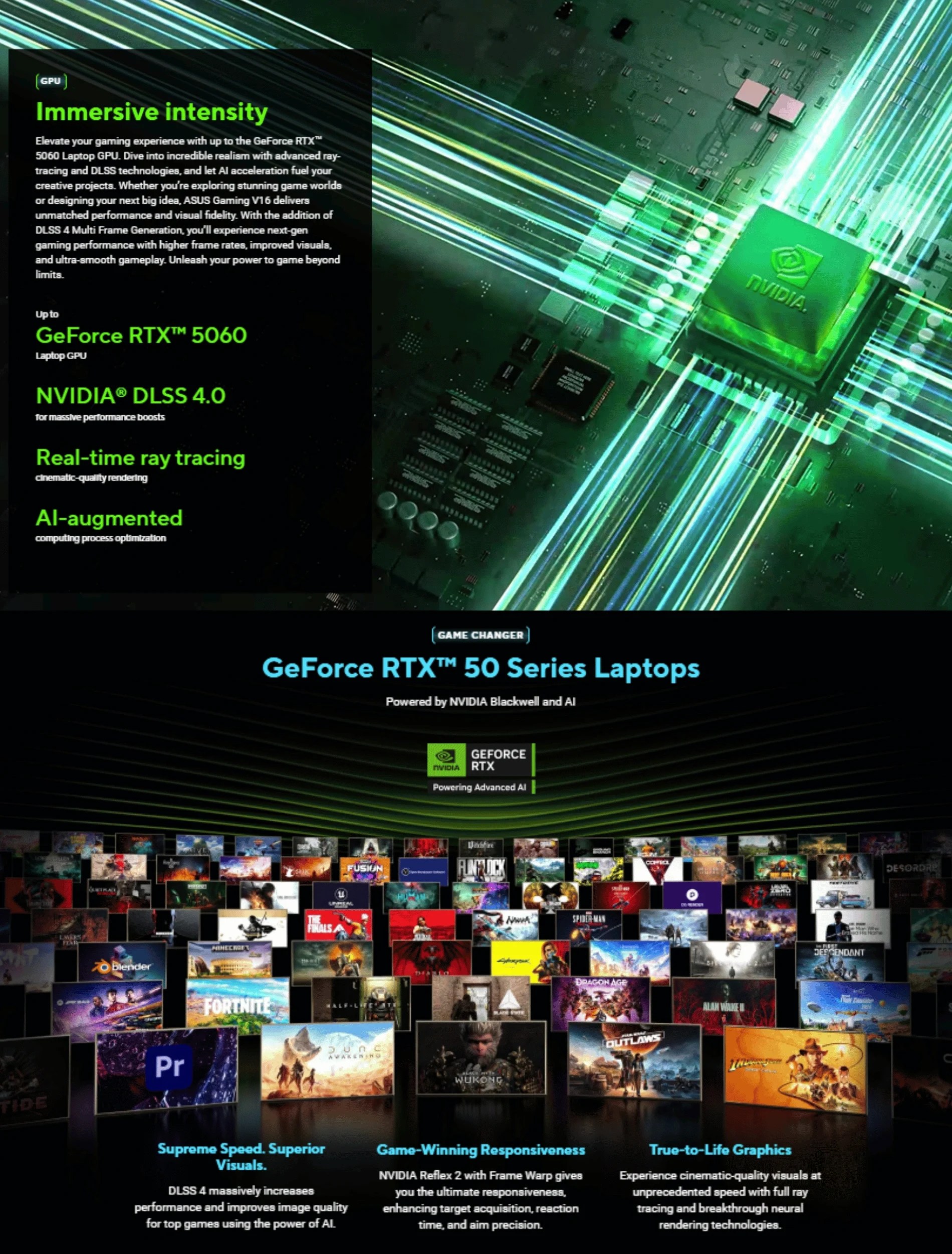 ASUS Gaming V16 featuring the GeForce RTX 5060 for immersive gaming experience with advanced ray-tracing and AI-augmented performance. The visual includes popular game titles and a glimpse of the GPU's unmatched gaming power.