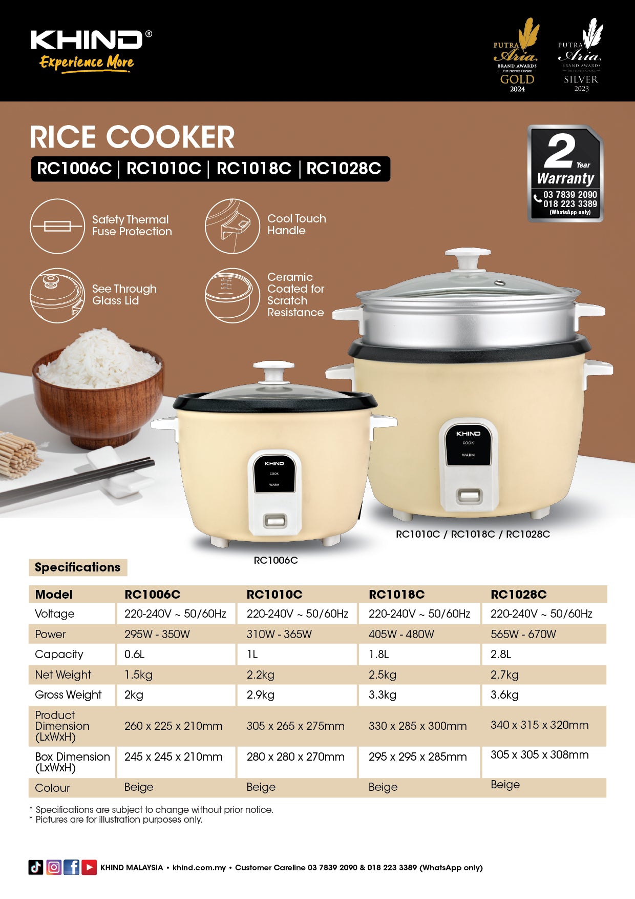 KHIND 1.8L Electric Ceramic Rice Cooker with Steamer Descriptions