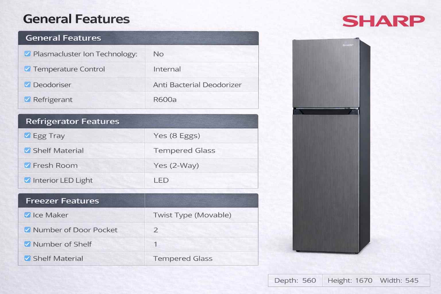 Sharp 267L 2-Door Fridge Inverter SHP-SJ2688MDS Features