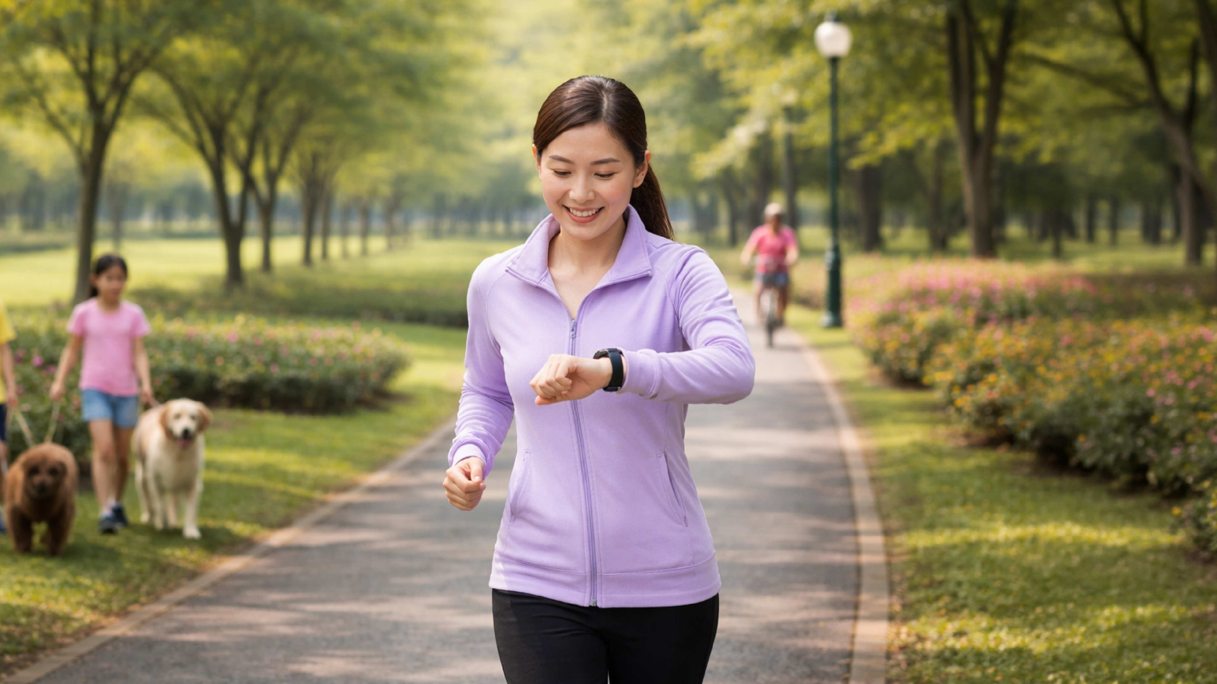 Smiling woman jogging in a sunny park while checking her smartwatch. Lose Weight Smarter with a Smartwatch.