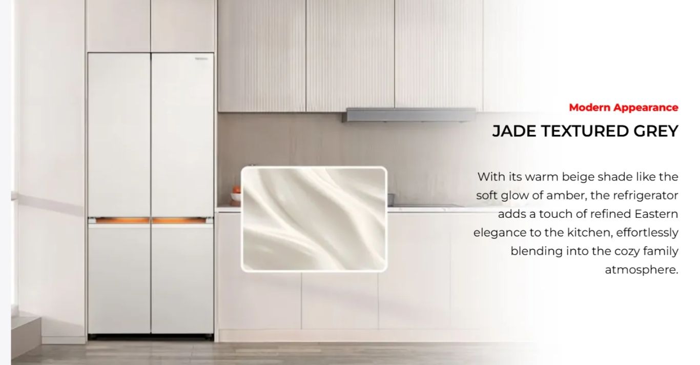 Jade textured grey fridge blends into modern kitchen