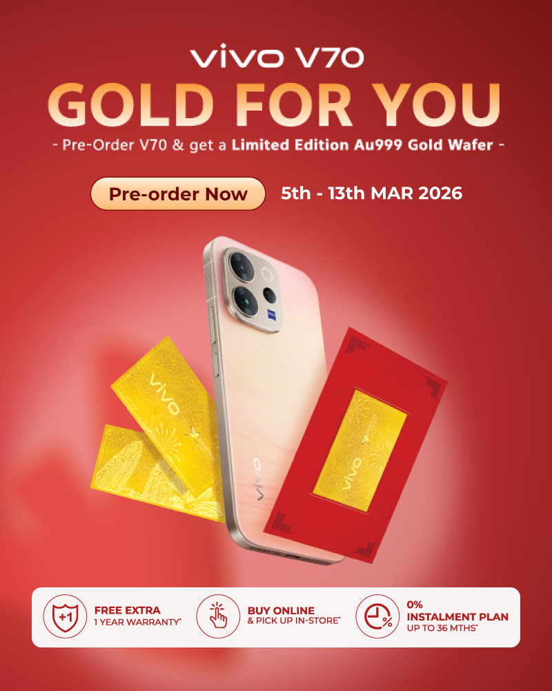 Pre-order vivo V70 by Mar 13 for a free Au999 Gold Wafer, extra 1-year warranty, and 0% installment up to 36 months.