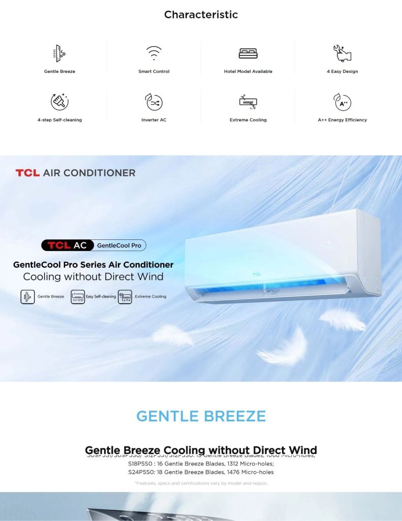 TCL 1.0HP-2.5HP Gentle Cool Pro Series Air Conditioner features