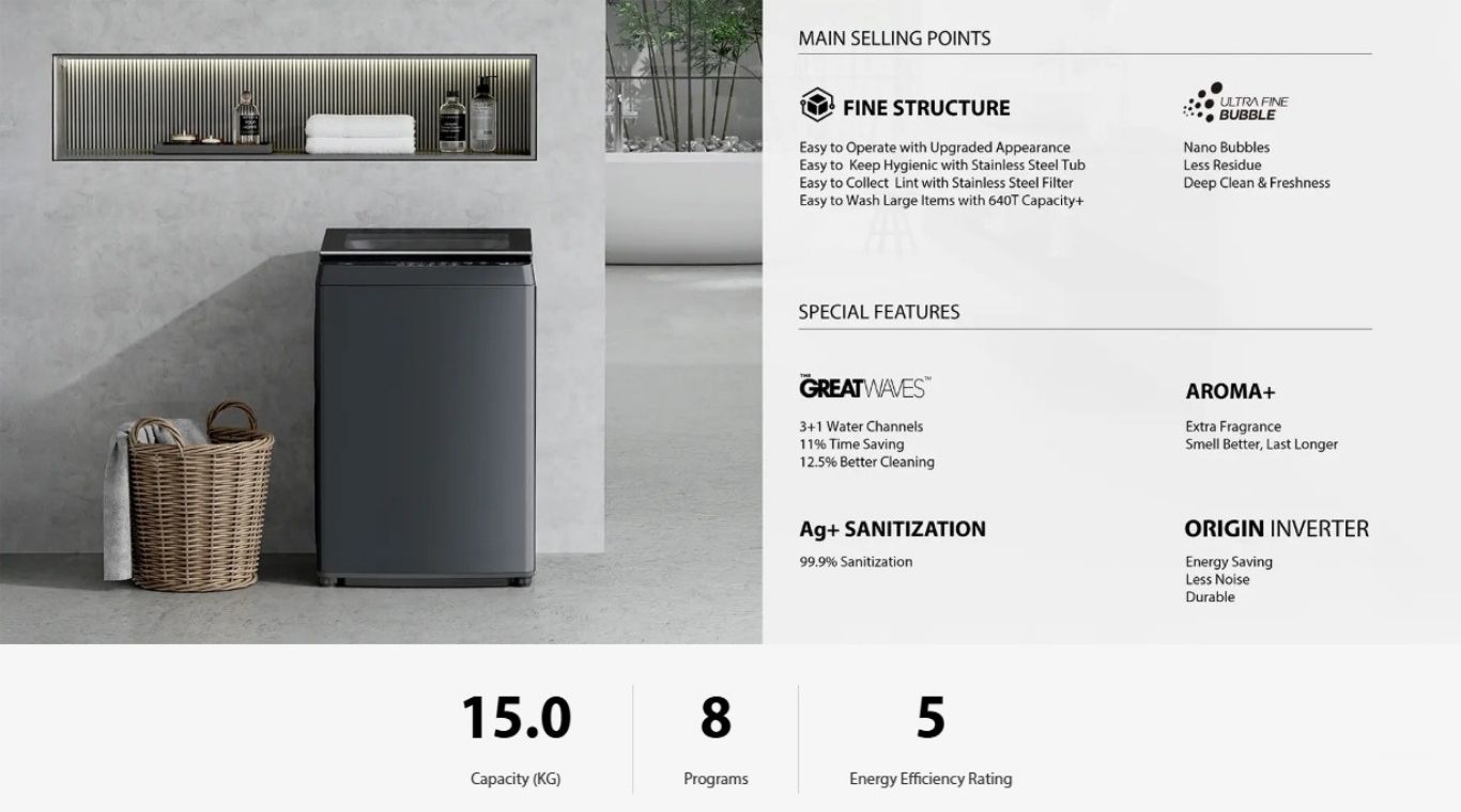 Toshiba 15KG top load washer in modern home