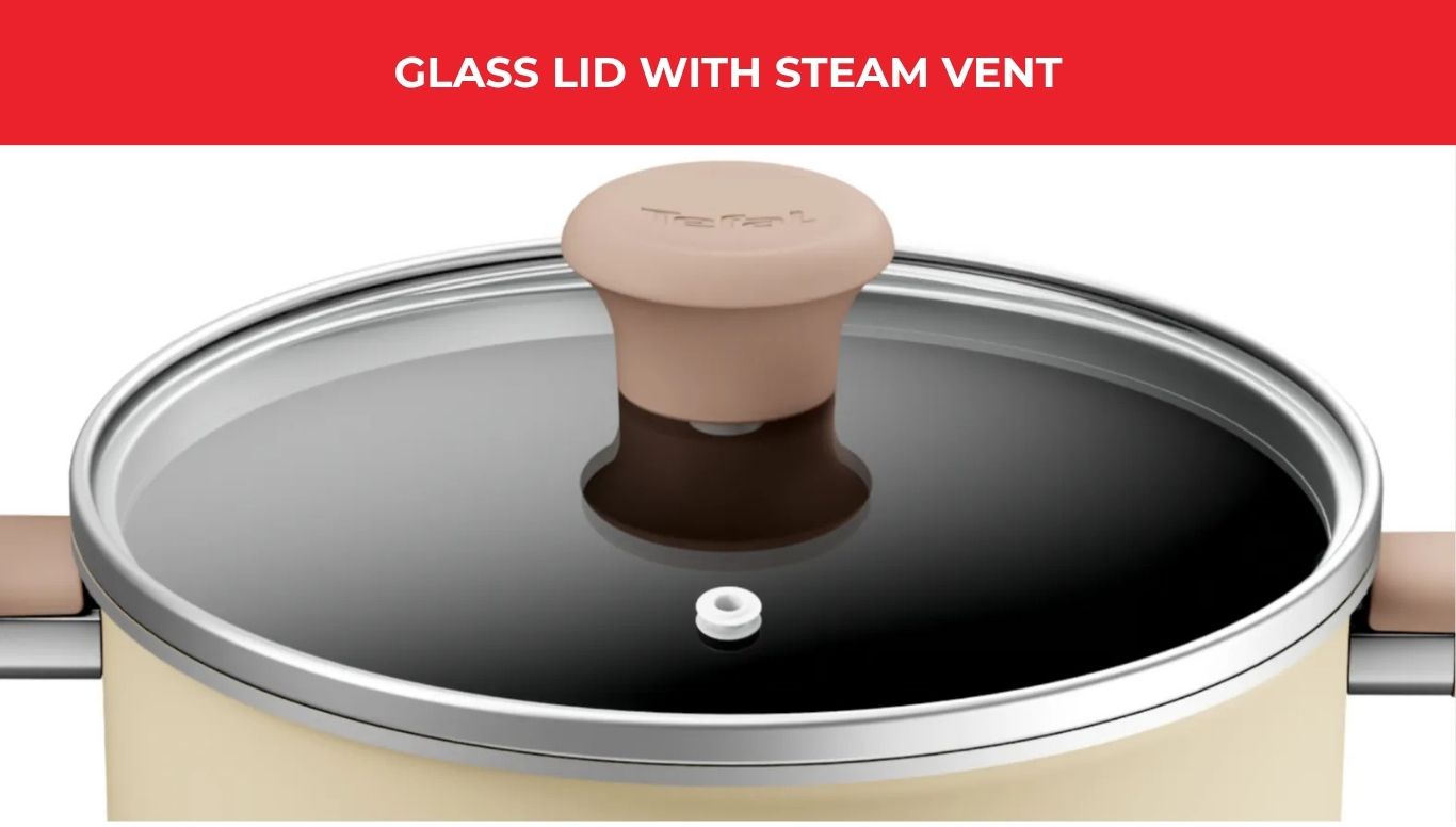 Glass lid with steam vent for controlled cooking