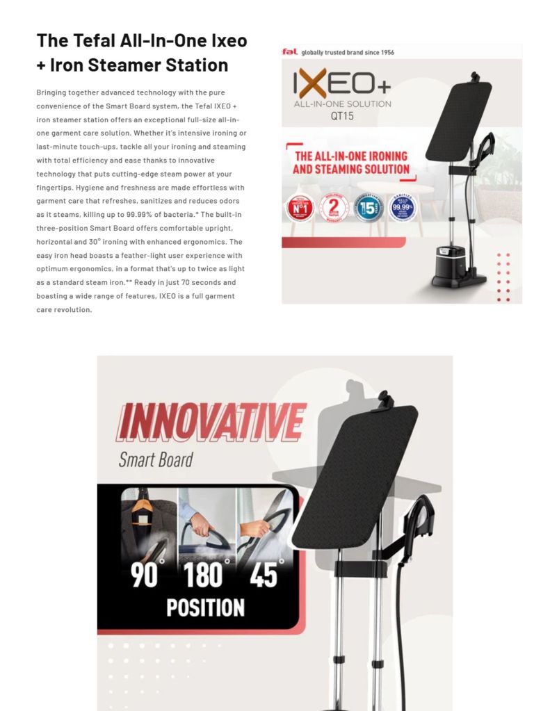 Tefal QT1510 2980W IXEO+ All In One Iron Steamer Station Garment Steamer TEF-QT1510 features