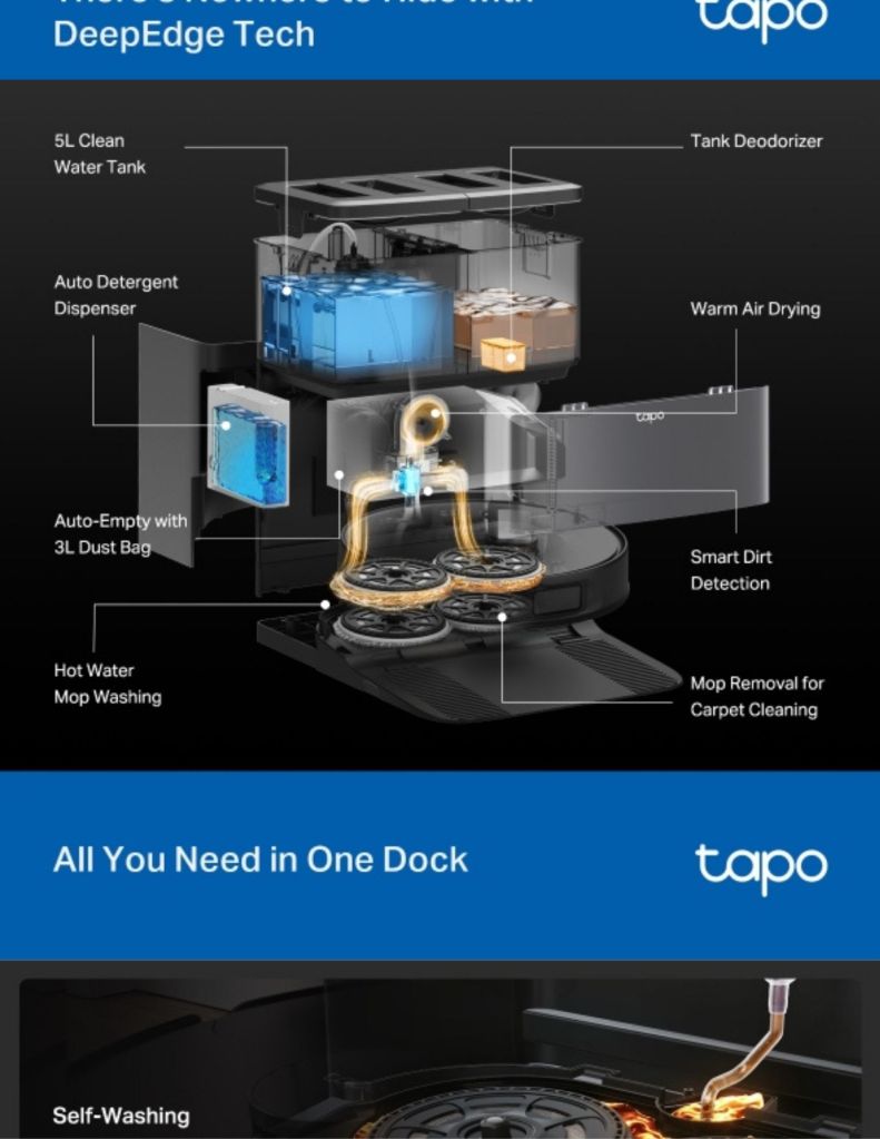 TP-Link Tapo RV50 Pro Omni Self-Cleaning Robot Vacuum & Mop TP-TAPORV50PROOMNI descriptions