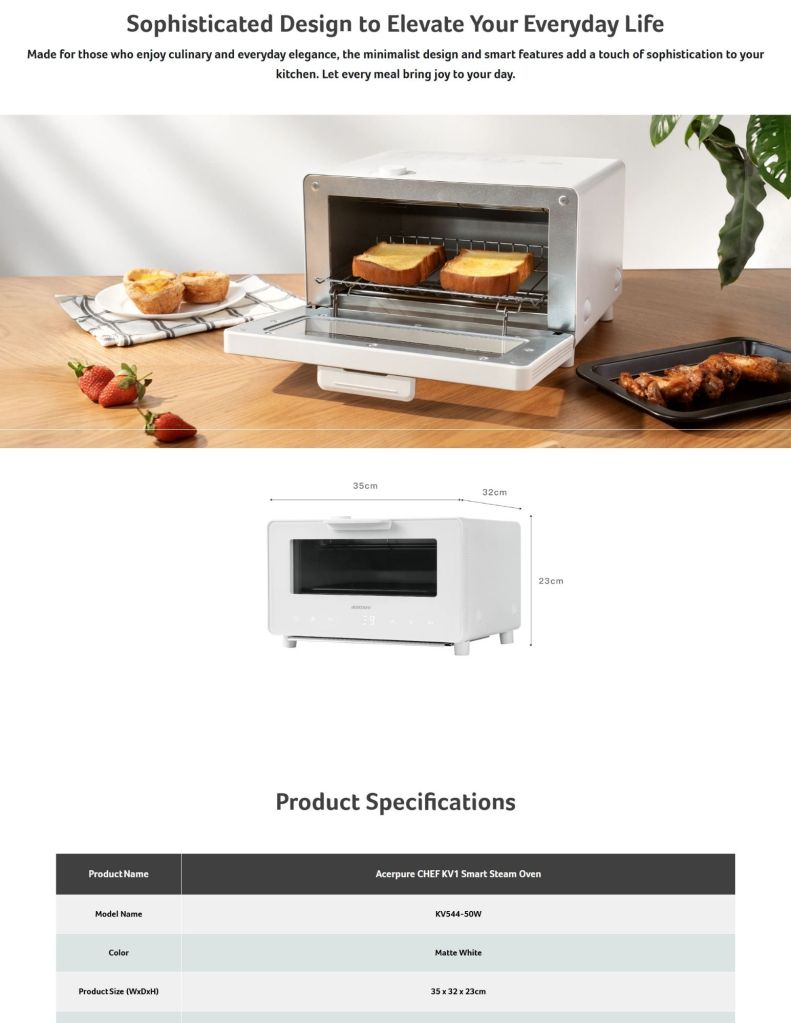 Acerpure 10L Smart Steam Oven ACP-KV1 features