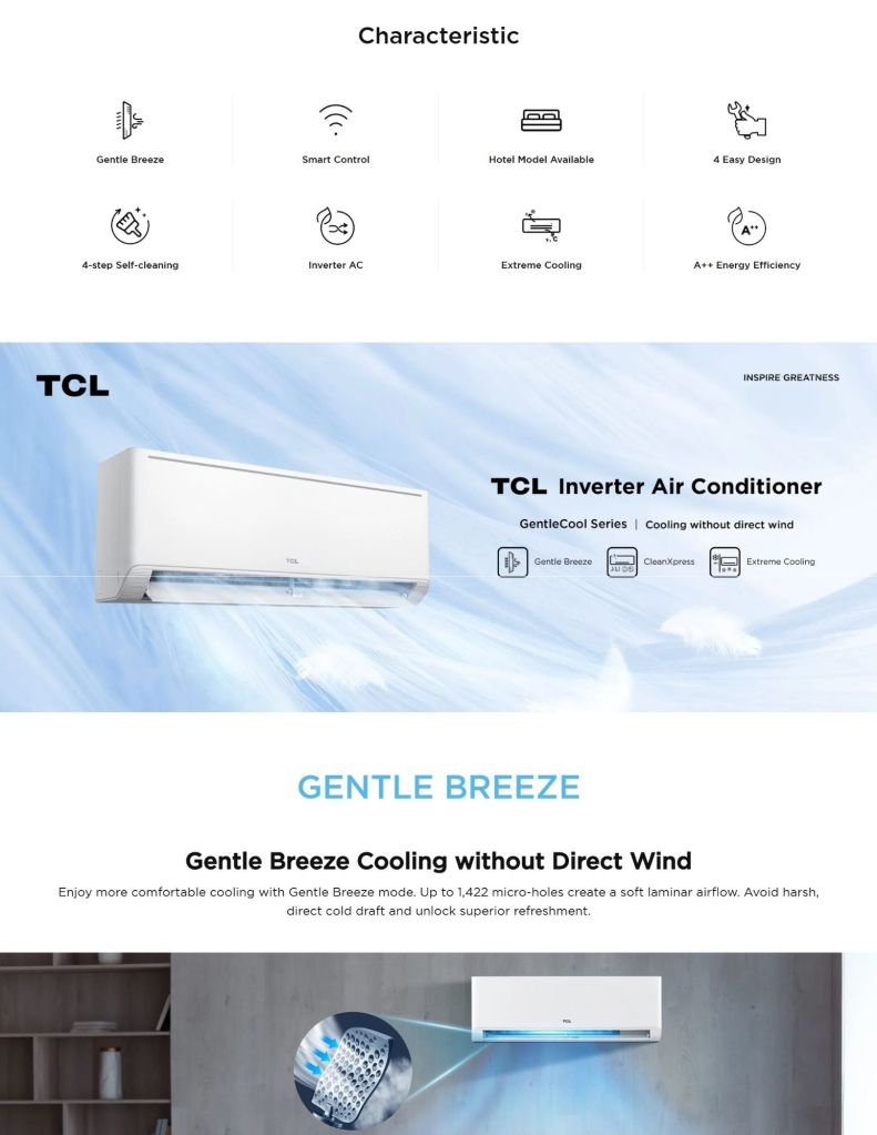 TCL 2.0HP-2.5HP Gentle Cool Inverter Air Conditioner features