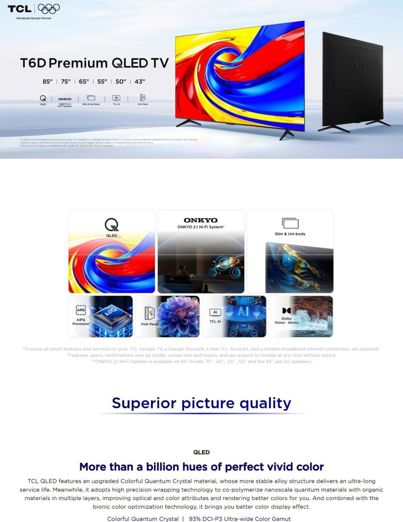 TCL 85" T6D Premium QLED TV TCL-85T6D features