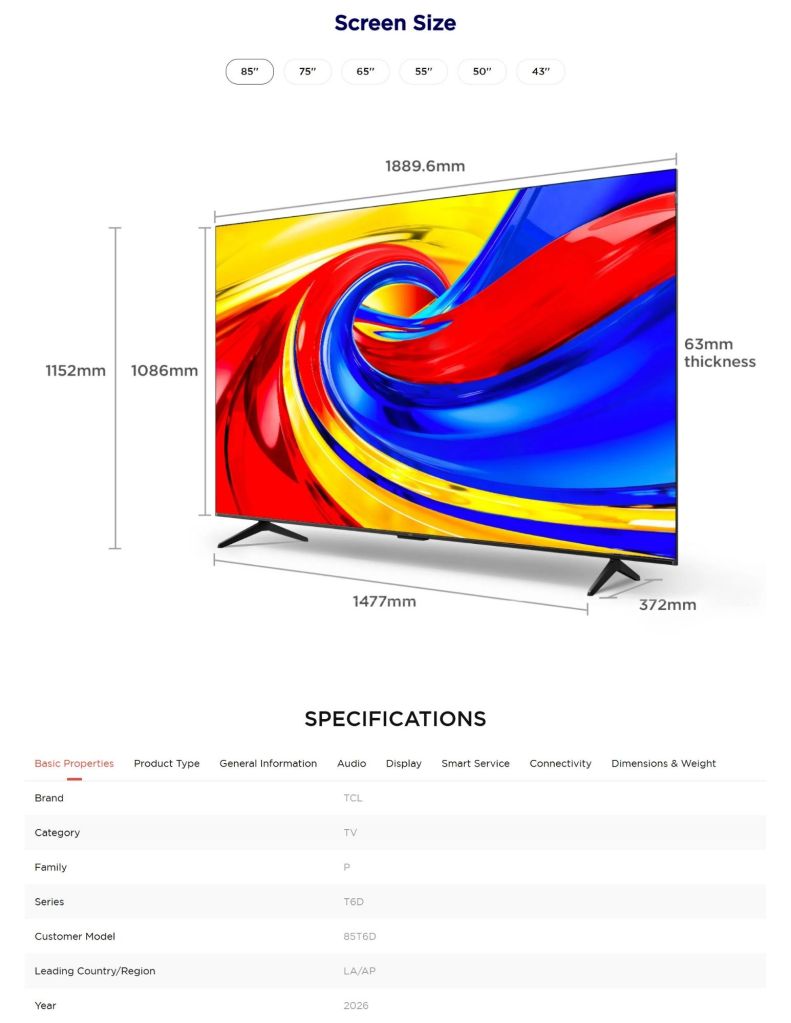 TCL 85" T6D Premium QLED TV TCL-85T6D features