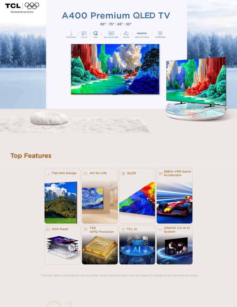 TCL 65"-75" A400 Premium QLED TV features