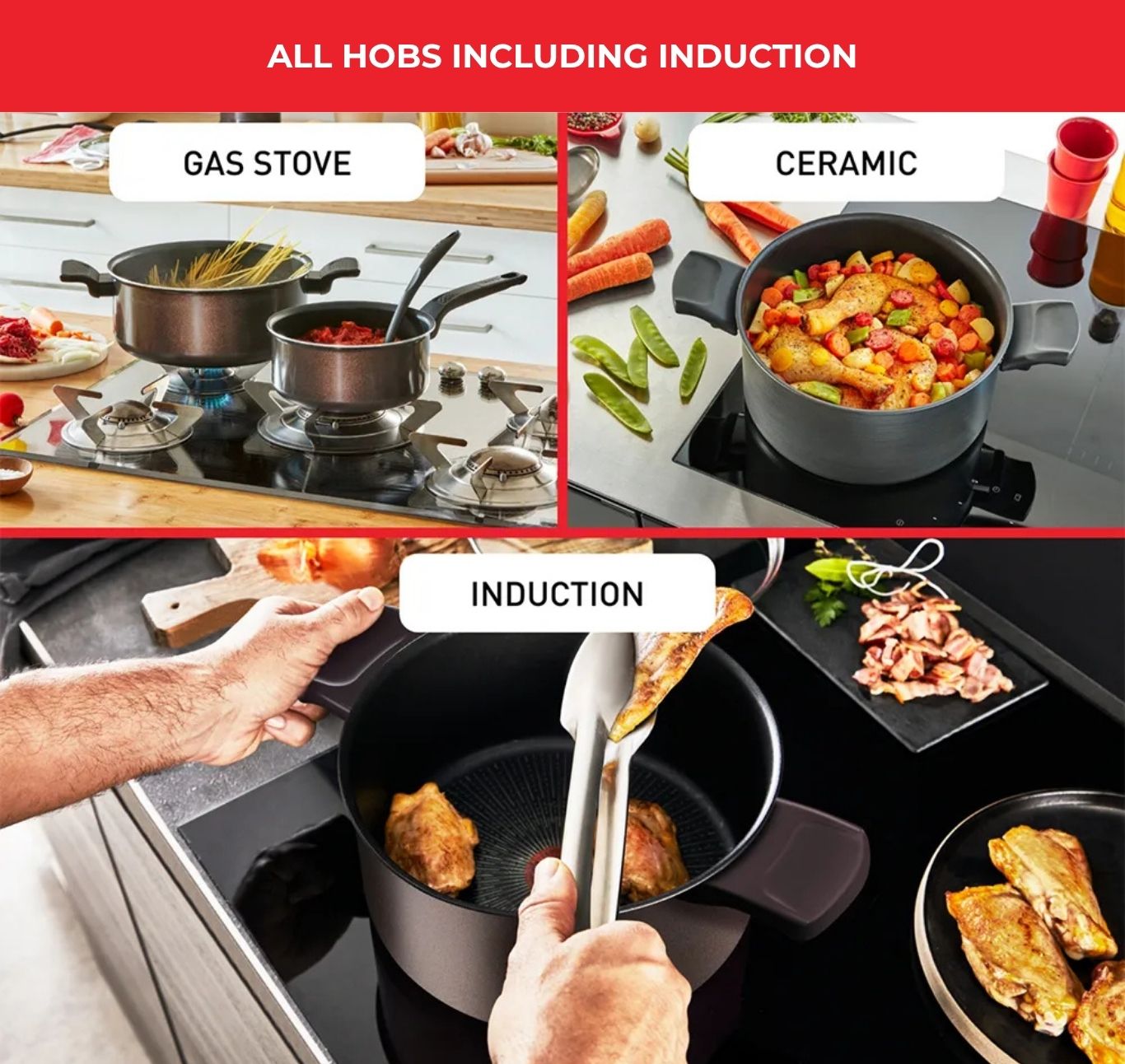 Compatible with gas, ceramic, and induction hobs
