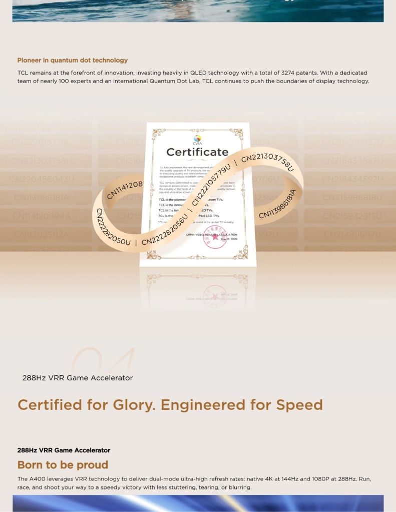 TCL 65"-75" A400 Premium QLED TV features