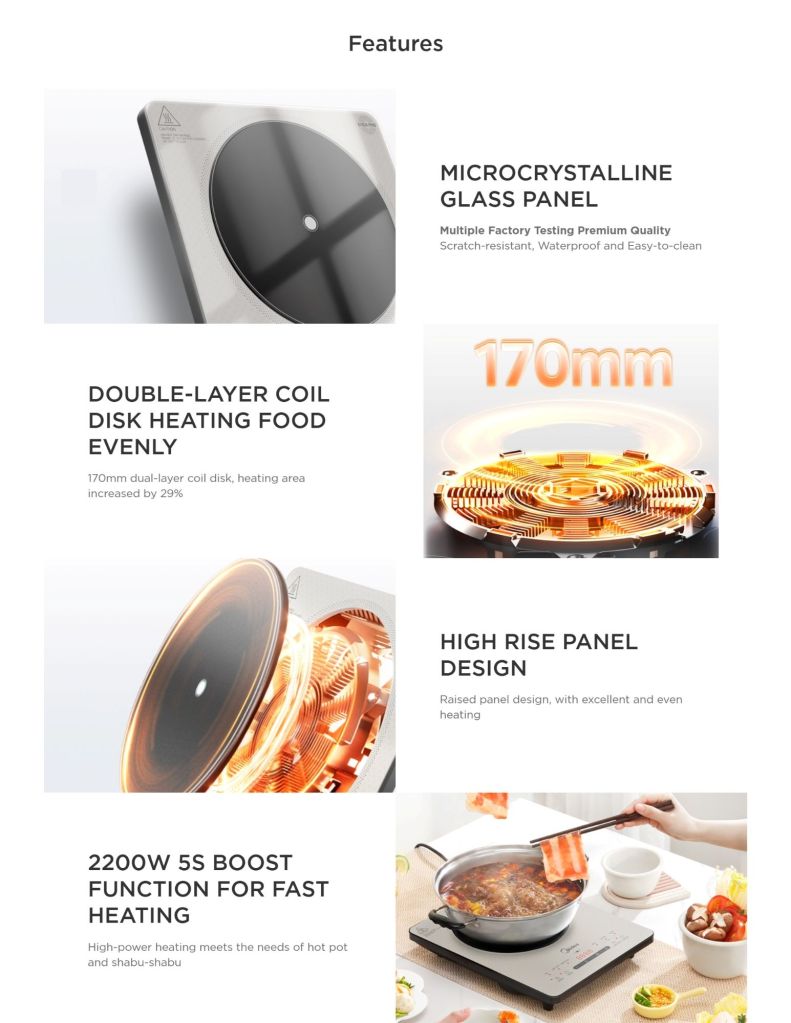 Midea 2200W Induction Cooker MID-MIC222TLAGN features