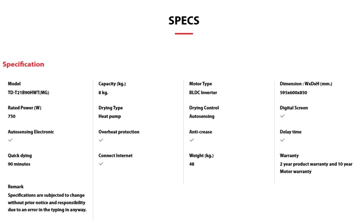 Toshiba dryer specs with BLDC inverter motor