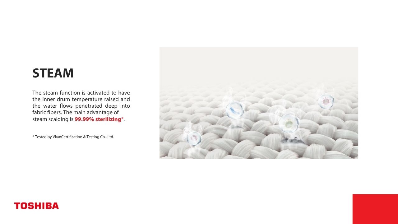 Steam function removes 99.99% bacteria effectively