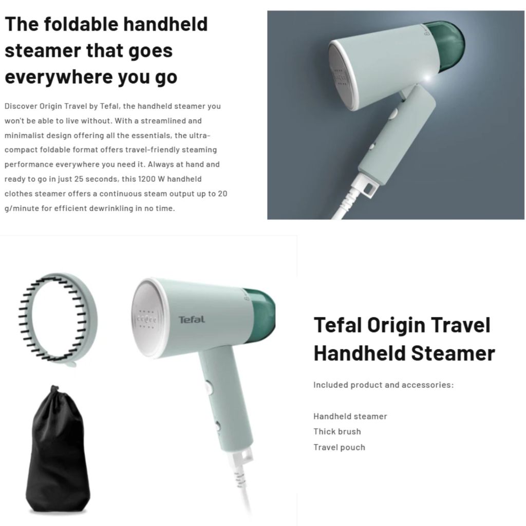 Tefal Origin Travel Handheld Steamer TEF-DT1034 descriptions
