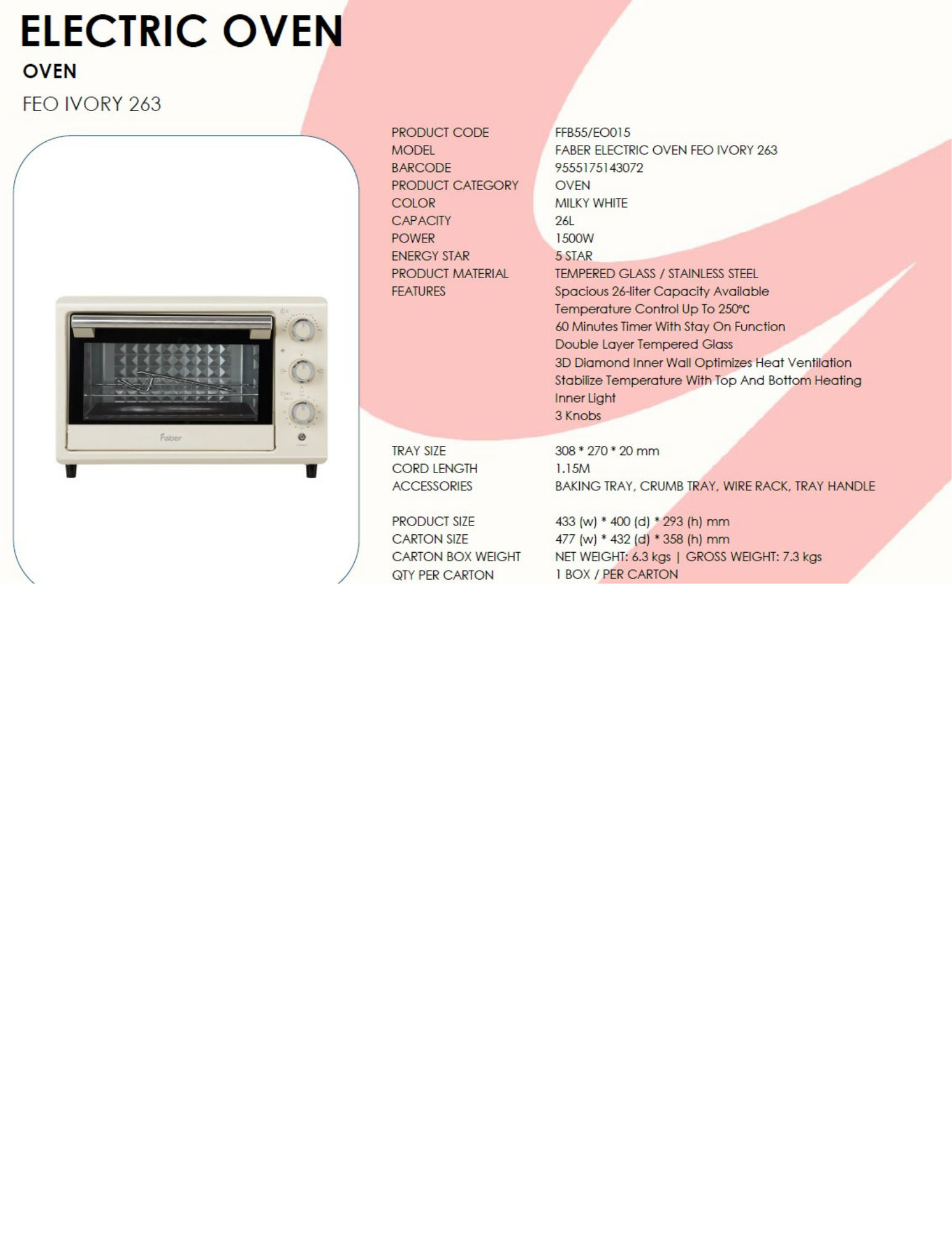 Faber 26L Electric Oven FEO Ivory 263 FBR-FEOIVORY263 features