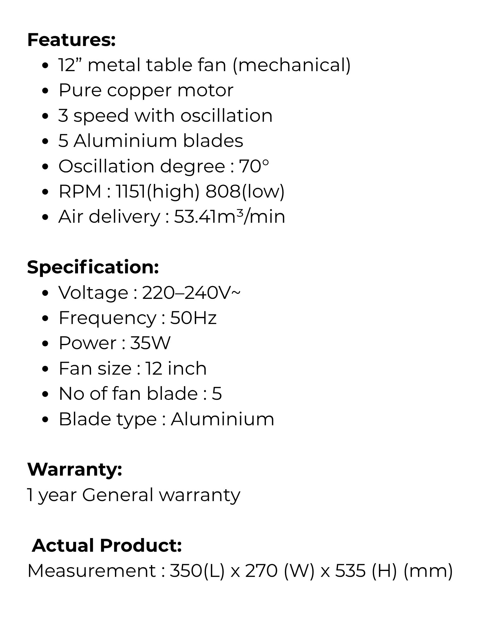 Pensonic 12" Metal Table Fan PEN-PF3301 features and specifications