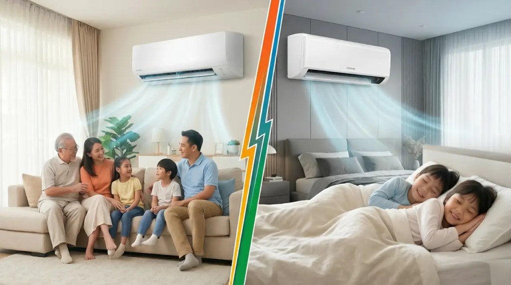 Split view of a multi-generational family relaxing in their living room cooled by a Daikin FTKF series inverter, and children sleeping peacefully in a bedroom under a Samsung basic inverter