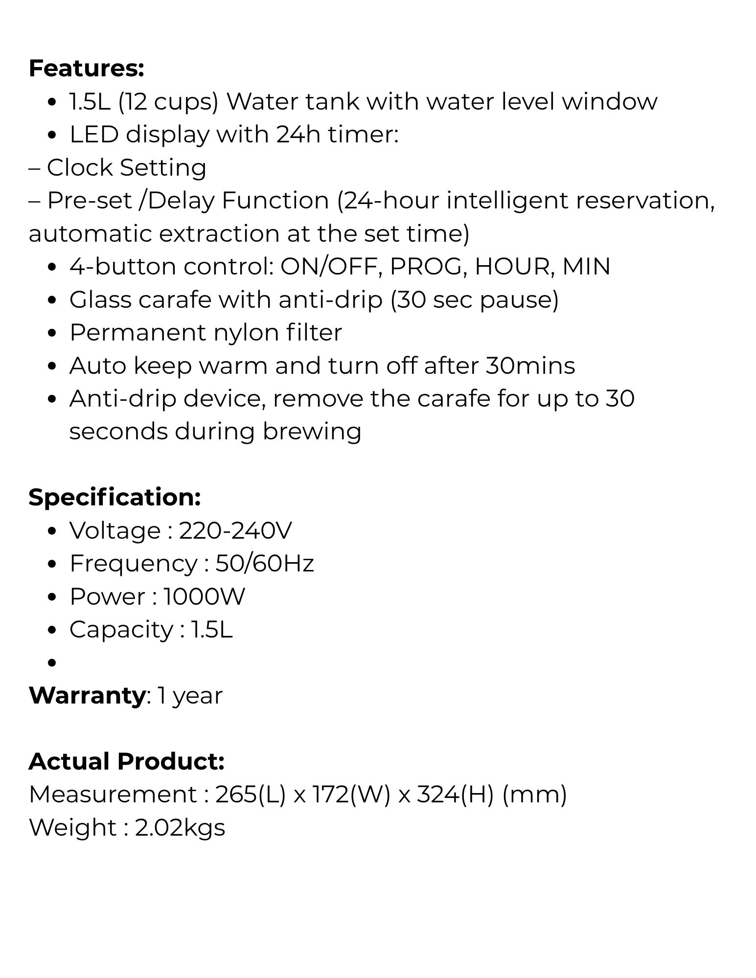 Pensonic 1.5L Batik Series Coffee Maker PEN-PCM1905B features and specifications