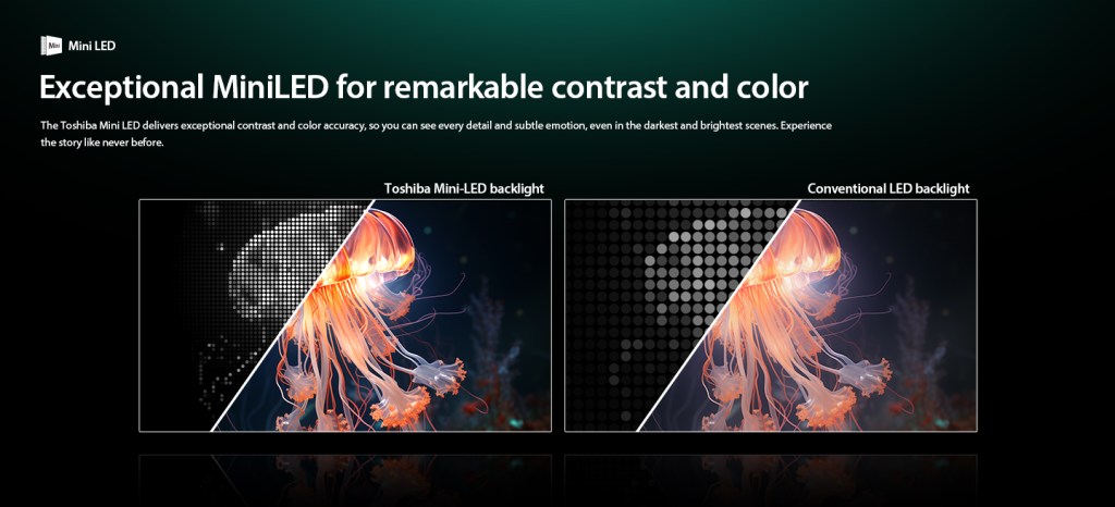 Close-up of Toshiba Z670SP TV's Mini LED delivering remarkable contrast and color