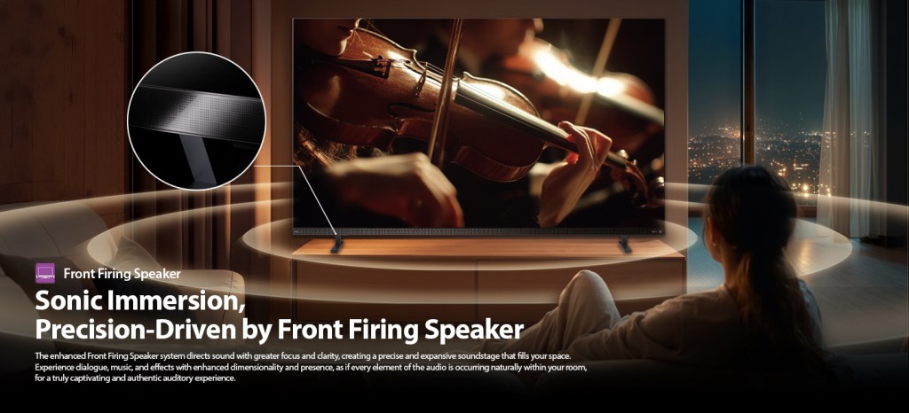 Close-up of Toshiba Z670SP TV's Front Firing Speaker feature for precise sonic immersion