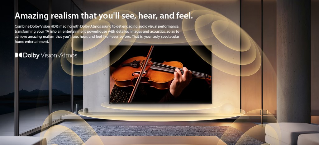Close-up of Toshiba Z670SP TV's Dolby Vision and Atmos feature for immersive audio-visual realism
