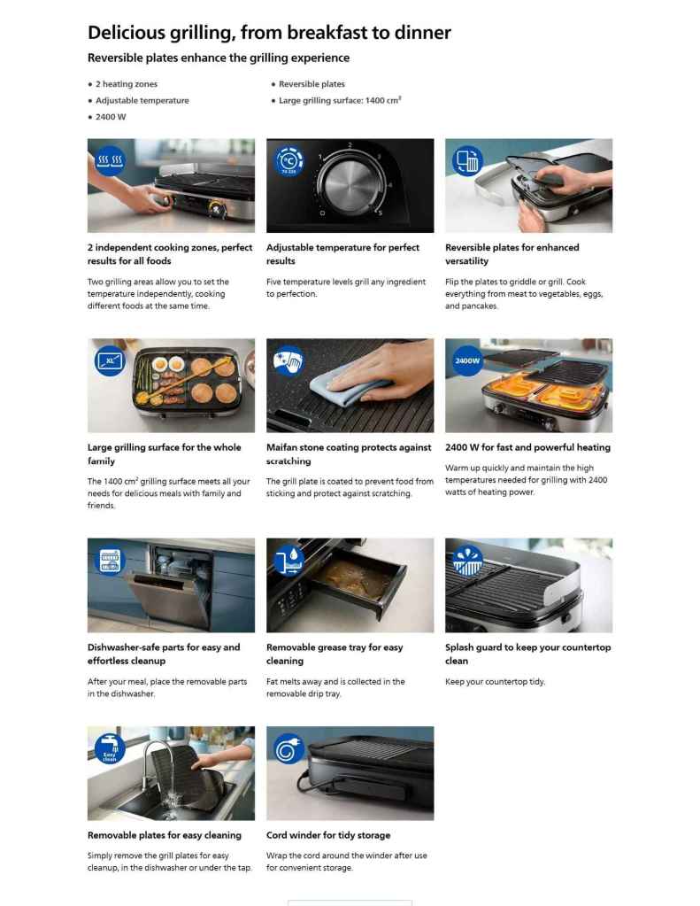 Philips 2400W Table Grill PLP-HD6222/90 2 heating zones, Reversible plates, Adjustable temperature, Large grilling surface: 1400 cm²
