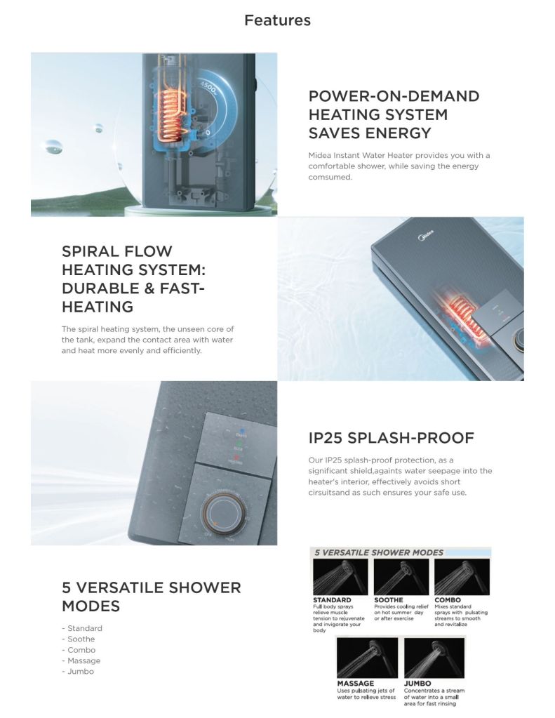 Midea 4500W DC Pump Water Heater MID-MWH4502MMBPMY(B)BB heating system save energy, 5 shower modes