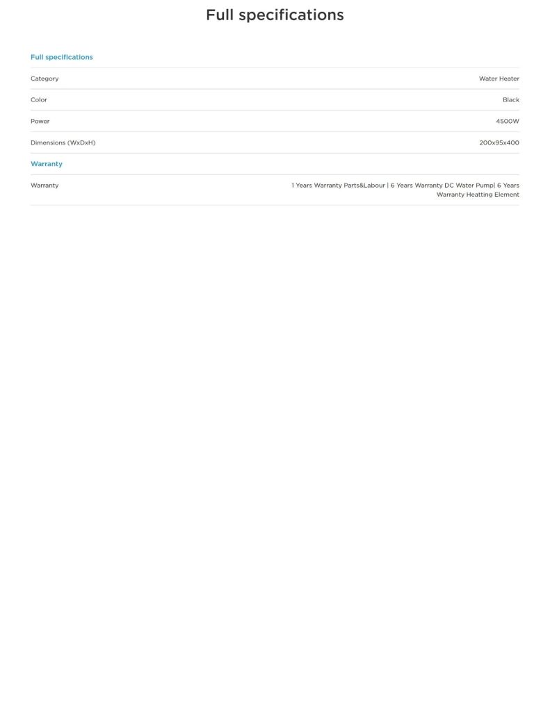 Midea 4500W DC Pump Water Heater MID-MWH4502MMBPMY(B)BB specifications