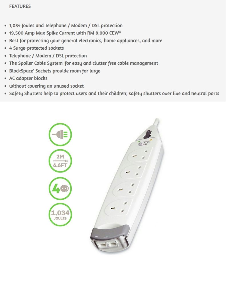Belkin 2M Home Series 4-Socket Surge Protector BKN-F9H410SA2M features
