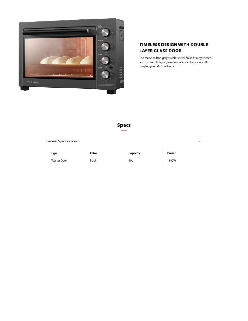 Toshiba 40L 1800W Toaster Oven TSB-TLMC40EZFA(GR) timeless design with double layer glass door