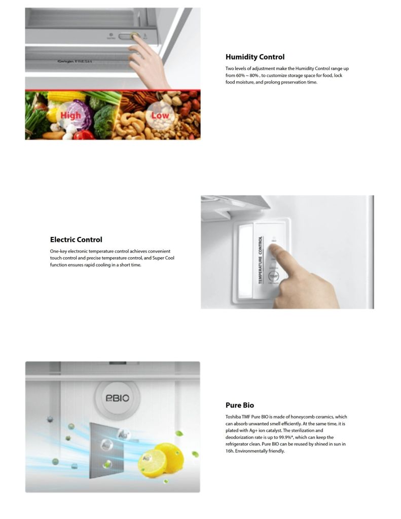 Toshiba 360L PureBIO Origin Inverter Two Door Refrigerator TSB-GRRT416WEPMY(06) Humidity Control, Electric Control and Pure Bio