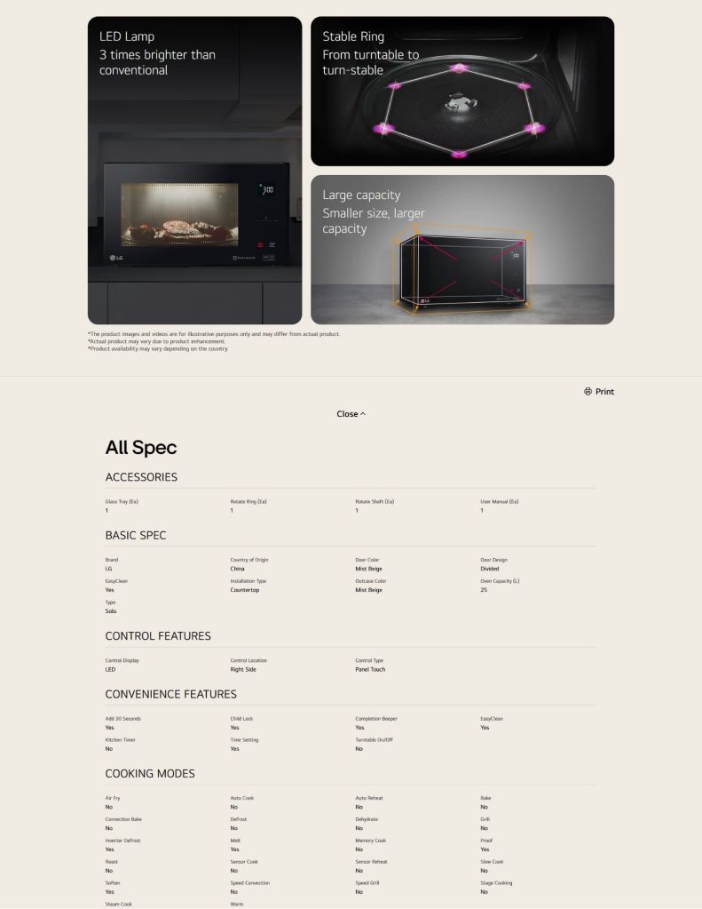 LG 25L NeoChef® Smart Inverter Objet Solo Microwave Oven Beige highly convenient user centered functions and specs