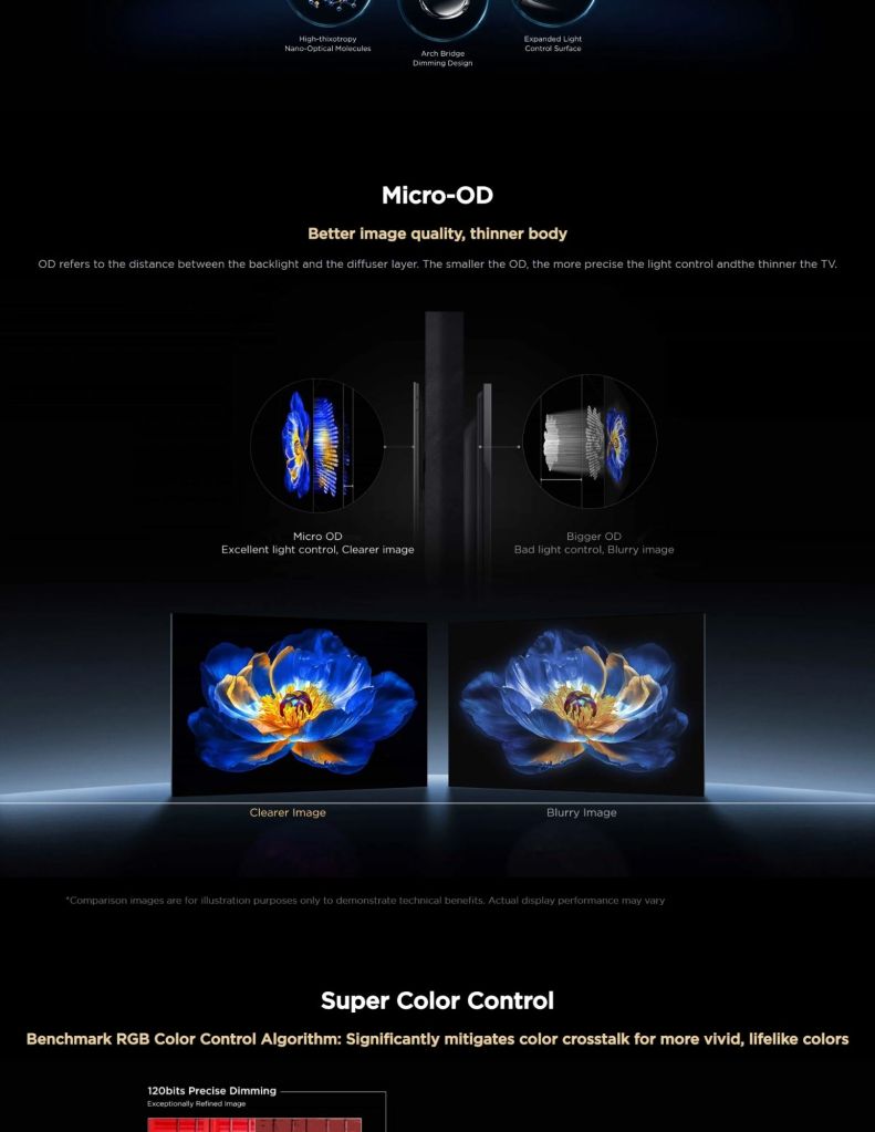 Close-up of TCL Q7D TV's Mirror LED design and Super Color Control features