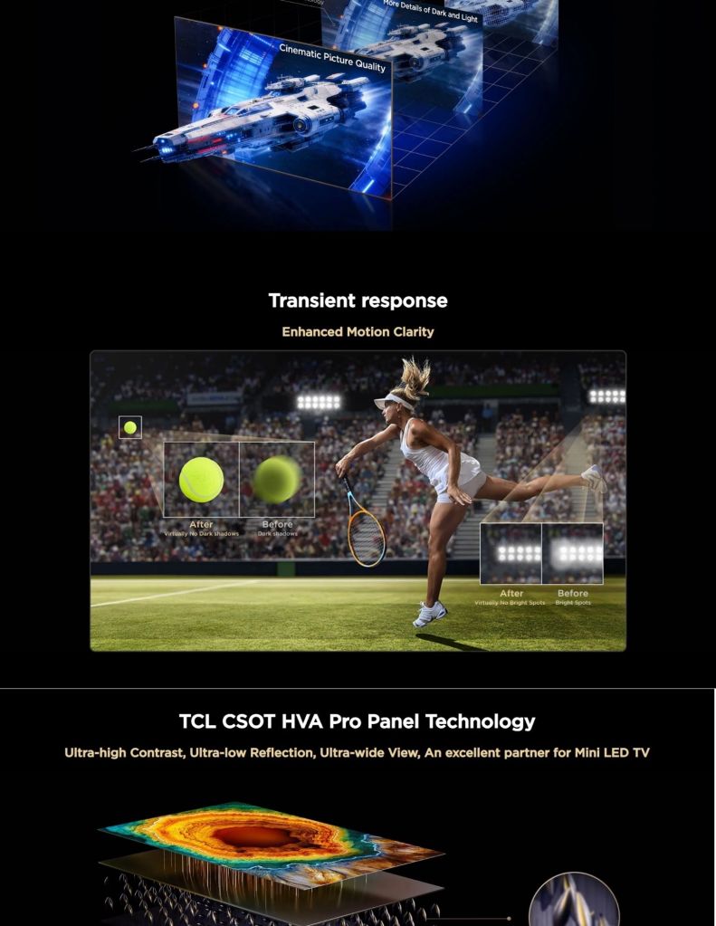 Close-up of TCL Q7D TV's Transient Response and Vivid Pro Panel Technology features