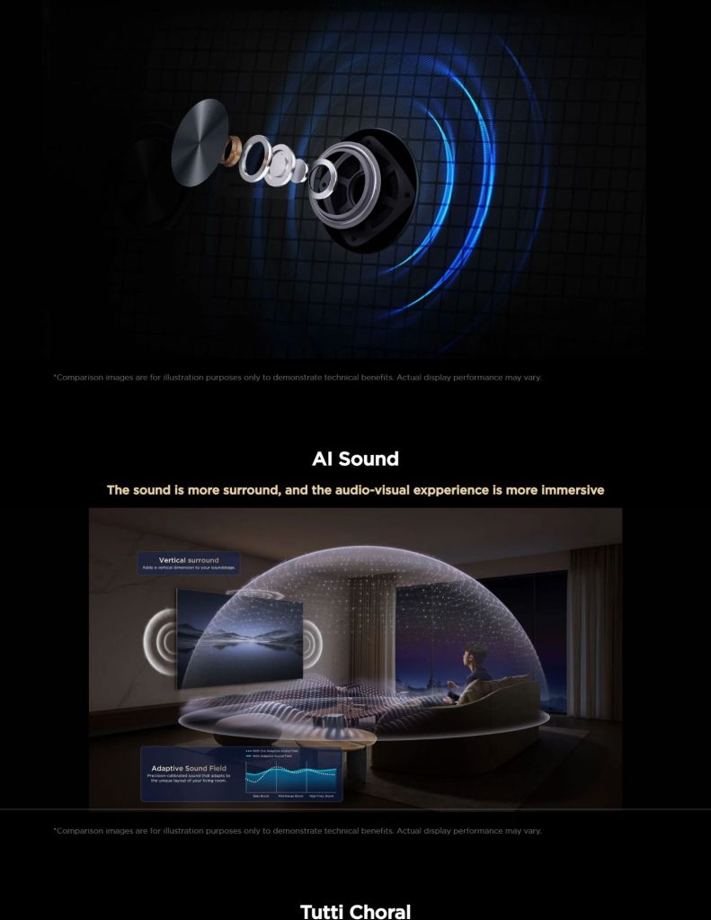 Close-up of TCL Q7D TV's AI Sound feature with immersive audio experience
