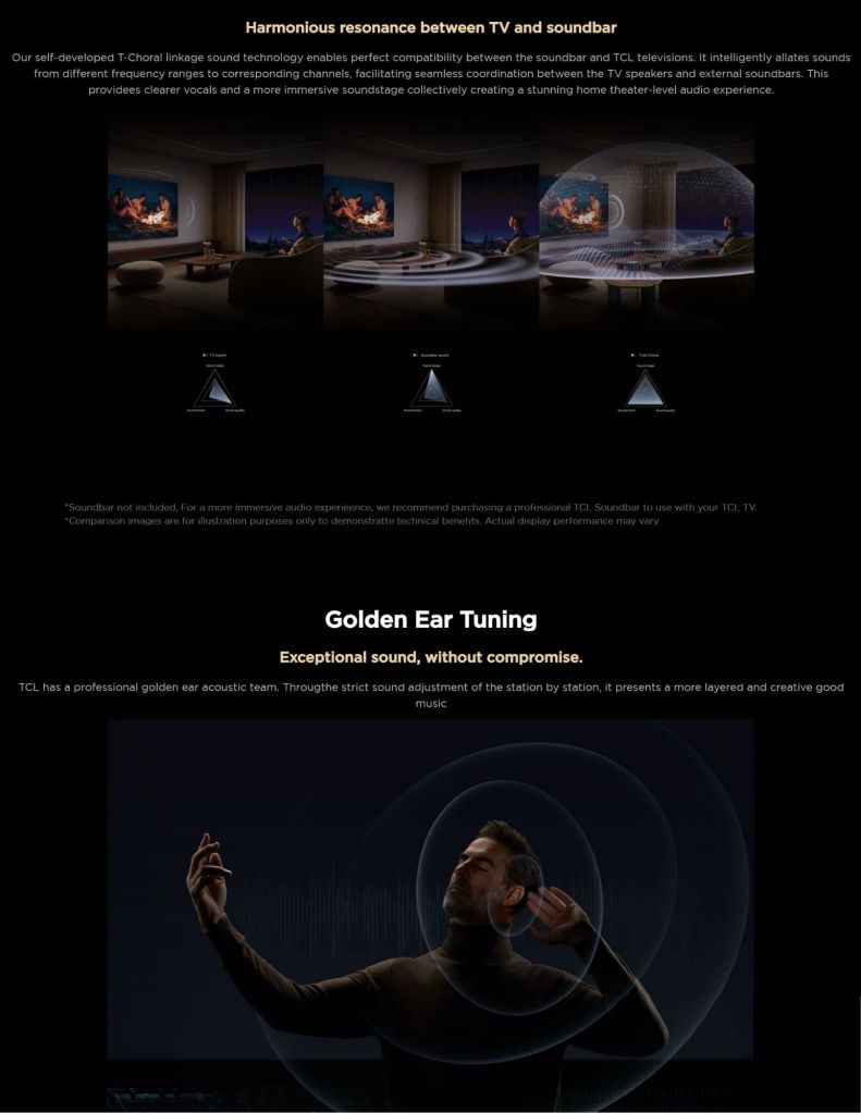 Close-up of TCL Q7D TV's Immersive Theater-Style Sound with Golmax Ear Tuning feature