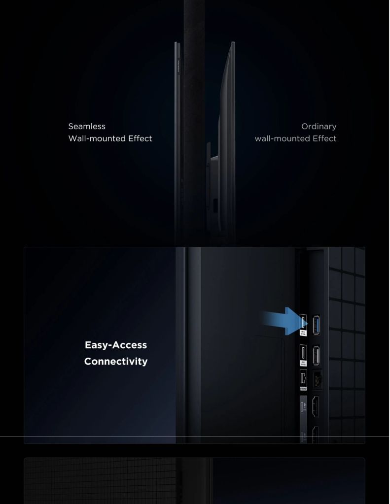 Close-up of TCL Q7D TV's Extreme Slim Bezel Design with Easy-Access Connectivity feature