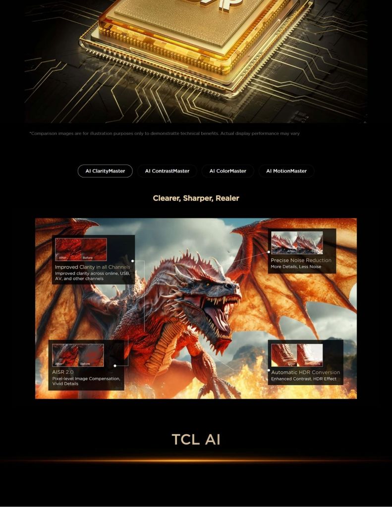 Close-up of TCL Q7D TV's TCL AI Processor with Classic Cinema Master feature
