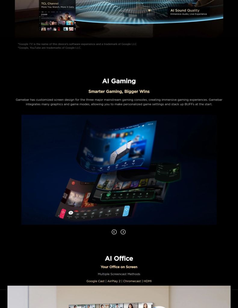 Close-up of TCL Q7D TV's AI Gaming and AI Office features